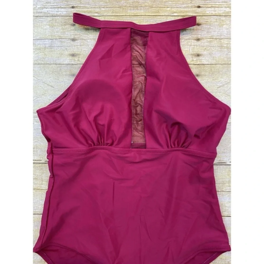 Women's High Cut One Piece Bathing Suit Dark Red Women's Size‎ Medium Halter
